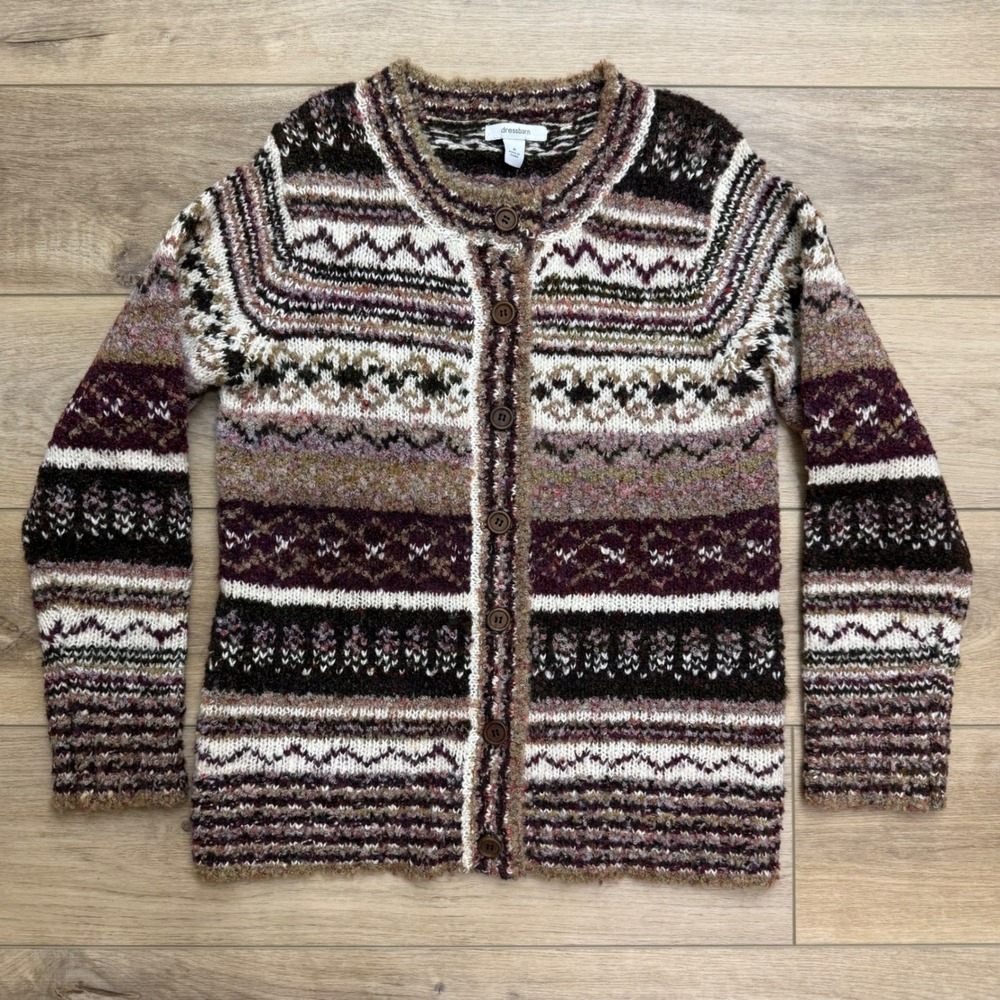 Dressbarn Womens Fair Isle Striped Cardigan Sweater Burgundy Brown Medium M